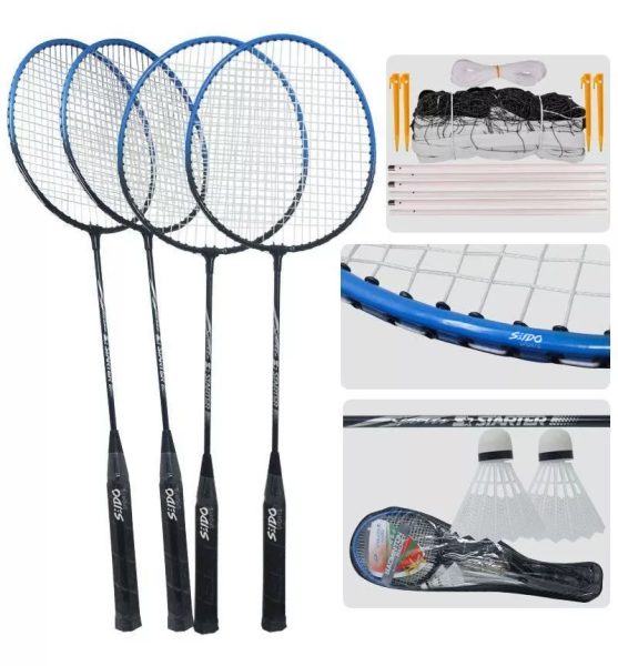 Set Raquetas X 4 Badminton + 2 Gallitos + Malla + Parales + Estuche