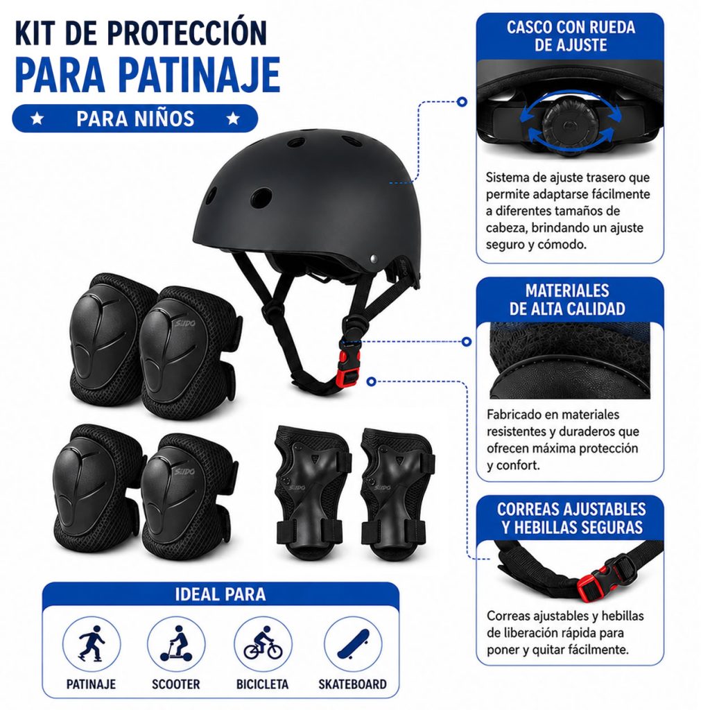 Kit Proteccion Patinaje Niños Casco Codera Muñequera Rodilla