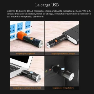 Linterna Mini Recargable USB Batería 18650 Luz 3 Modos Expandible