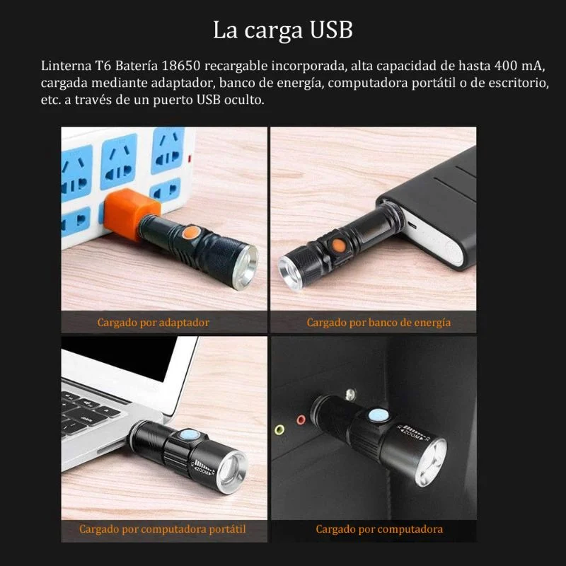 Linterna Mini Recargable USB Batería 18650 Luz 3 Modos Expandible
