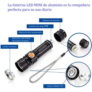 Linterna Mini Recargable USB Batería 18650 Luz 3 Modos Expandible