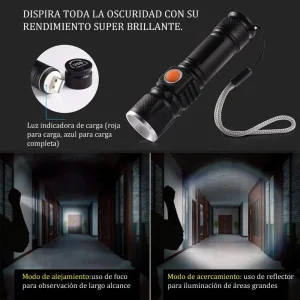 Linterna Mini Recargable USB Batería 18650 Luz 3 Modos Expandible