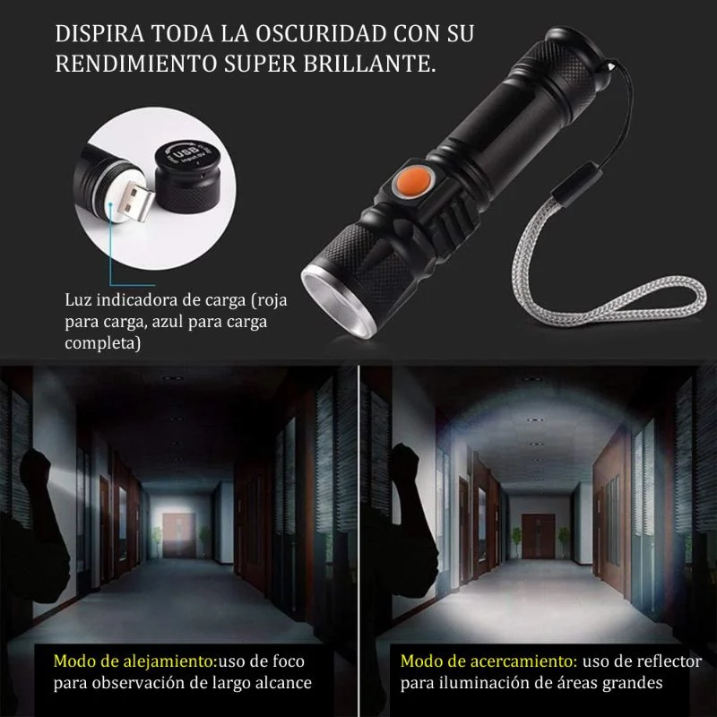 Linterna Mini Recargable USB Batería 18650 Luz 3 Modos Expandible