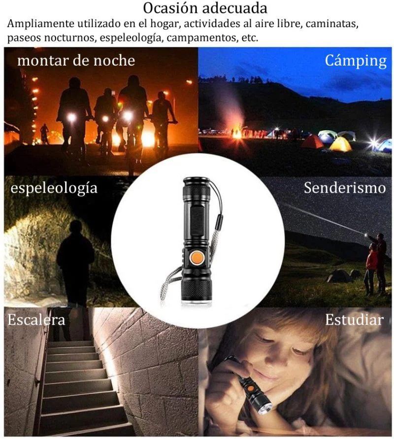Linterna Mini Recargable USB Batería 18650 Luz 3 Modos Expandible