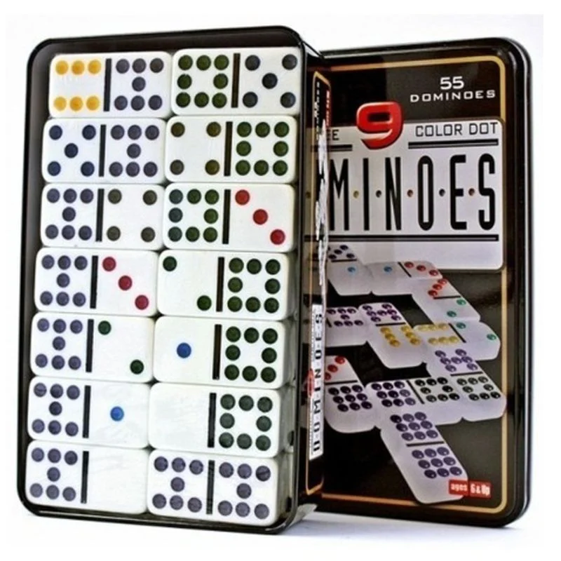 Dominó 55 Fichas A Color Doble 9 Juego De Mesa Caja Metálica
