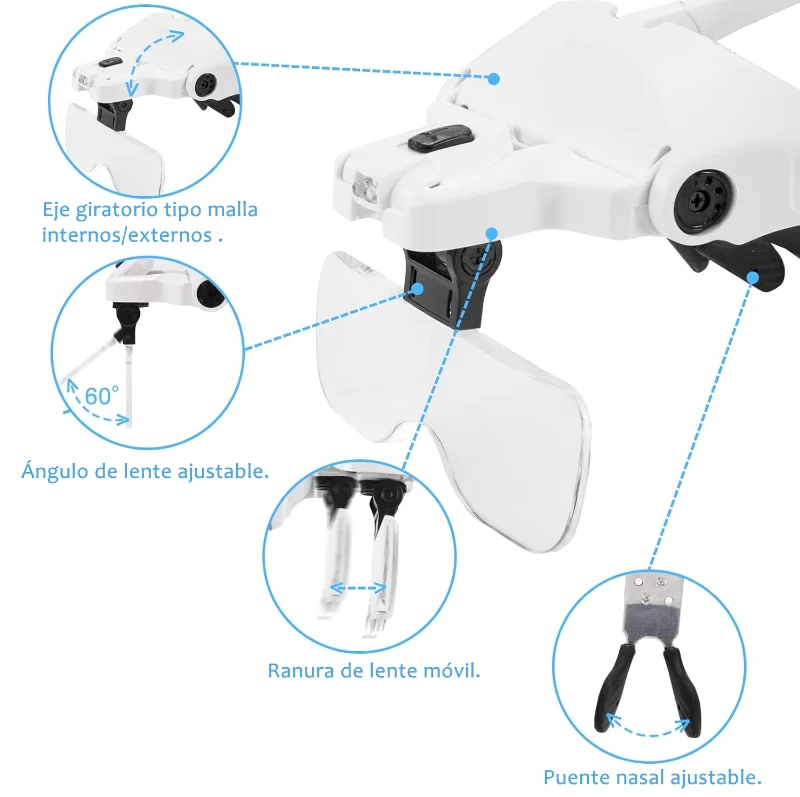Gafas Lupa Visera Luces LED 5 Lentes Joyería Odontología