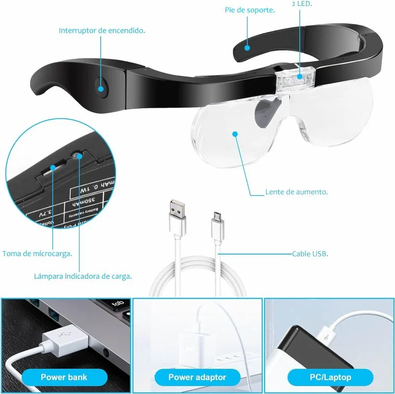 Gafas Lupa Aumento Vision Luz Led Recargable 4 Lentes Optivisor