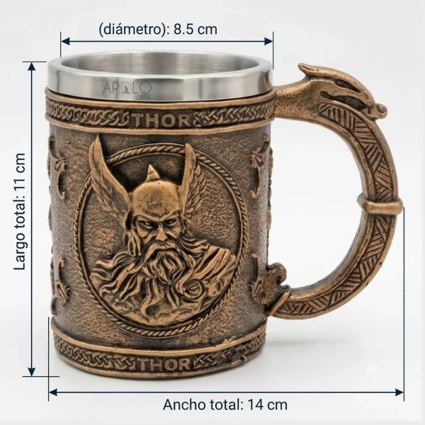 Vaso Taza Mug Vikingo Medieval Thor Trueno Acero Coleccionable
