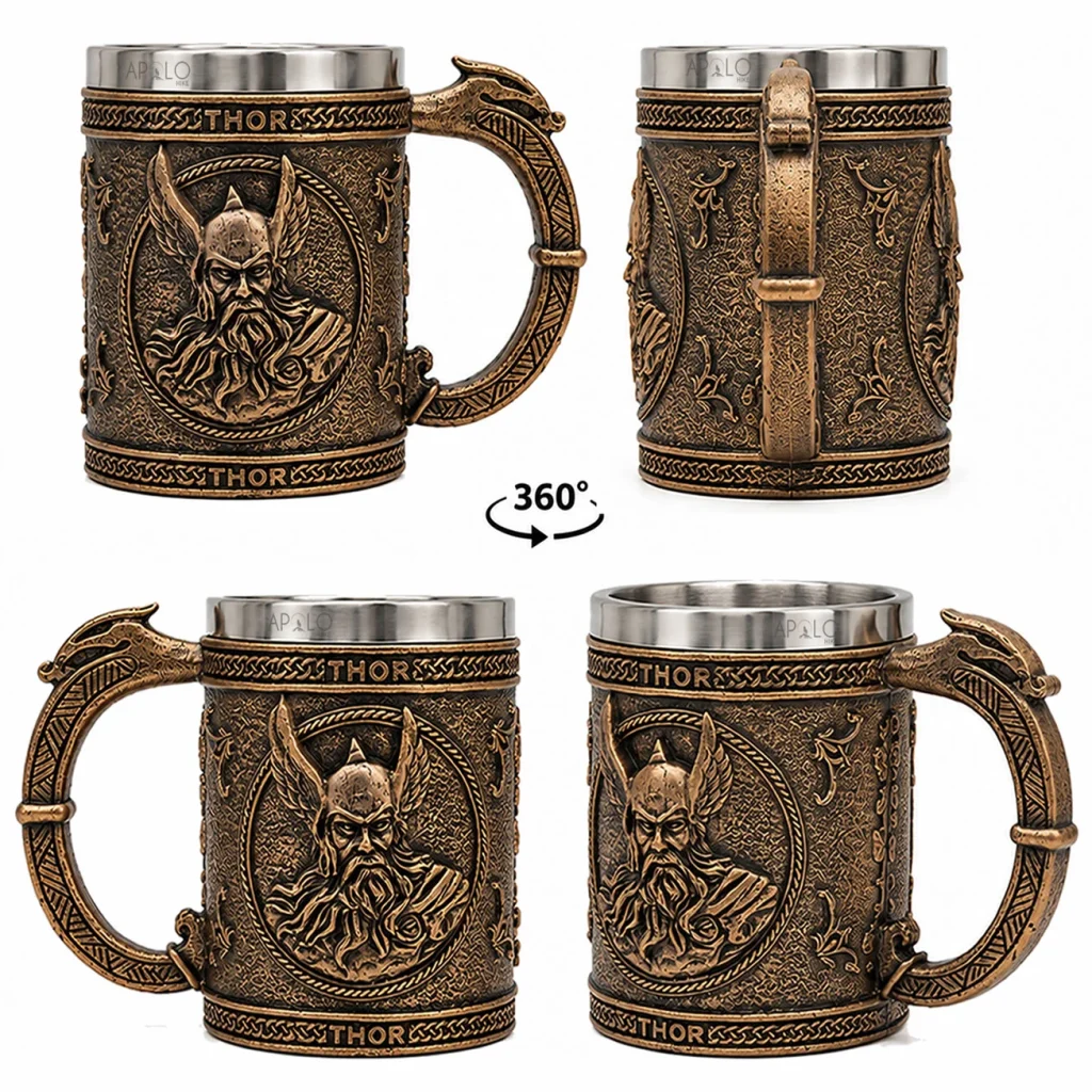 Vaso Taza Mug Vikingo Medieval Thor Trueno Acero Coleccionable