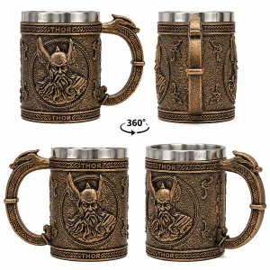 Vaso Taza Mug Vikingo Medieval Thor Trueno Acero Coleccionable