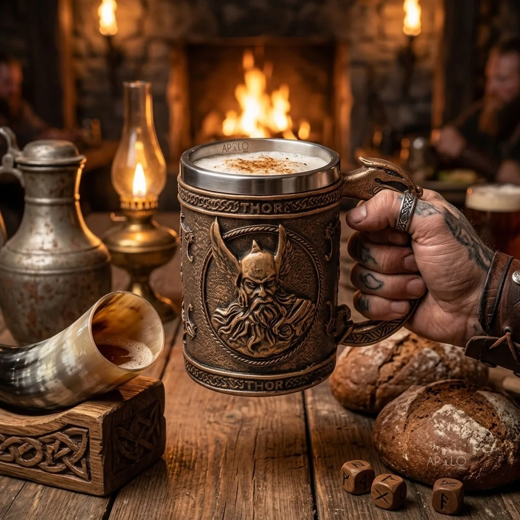 Vaso Taza Mug Vikingo Medieval Thor Trueno Acero Coleccionable