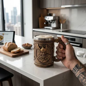 Vaso Taza Mug Vikingo Medieval Thor Trueno Acero Coleccionable