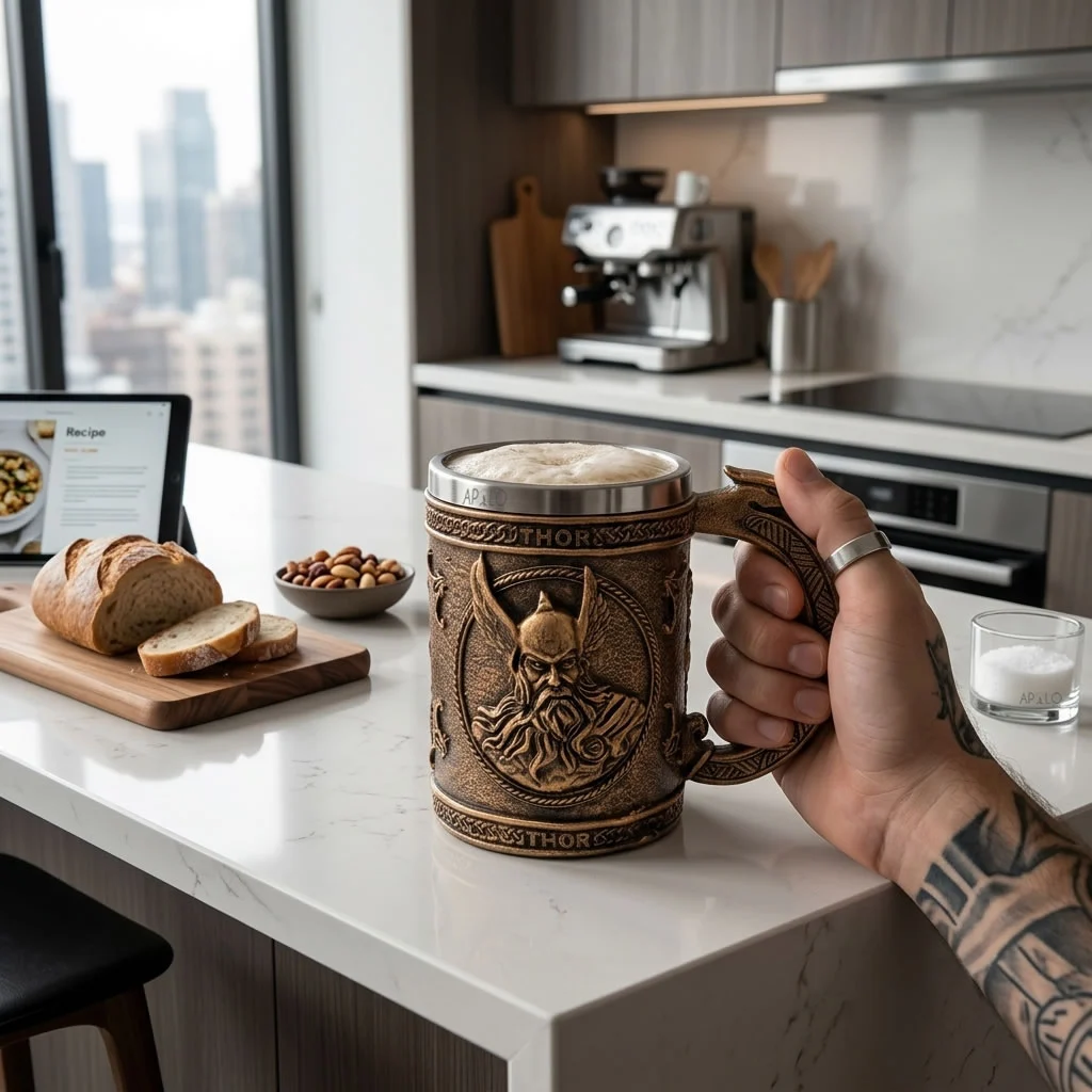 Vaso Taza Mug Vikingo Medieval Thor Trueno Acero Coleccionable
