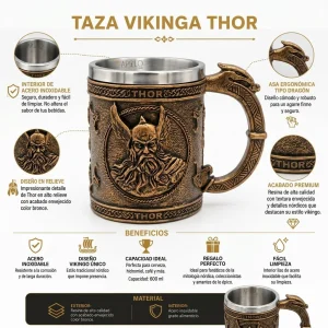 Vaso Taza Mug Vikingo Medieval Thor Trueno Acero Coleccionable