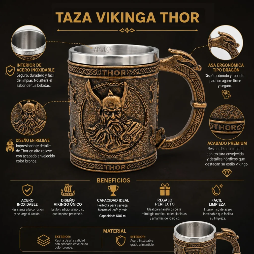 Vaso Taza Mug Vikingo Medieval Thor Trueno Acero Coleccionable