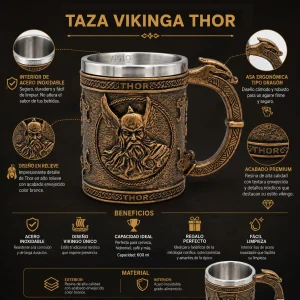 Vaso Taza Mug Vikingo Medieval Thor Trueno Acero Coleccionable