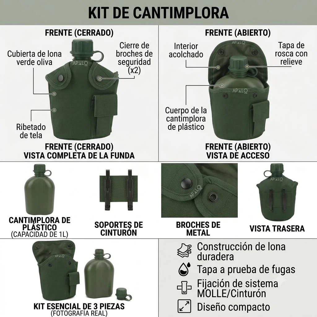 Cantimplora Americana Botella Tactica Militar 1L Con Estuche