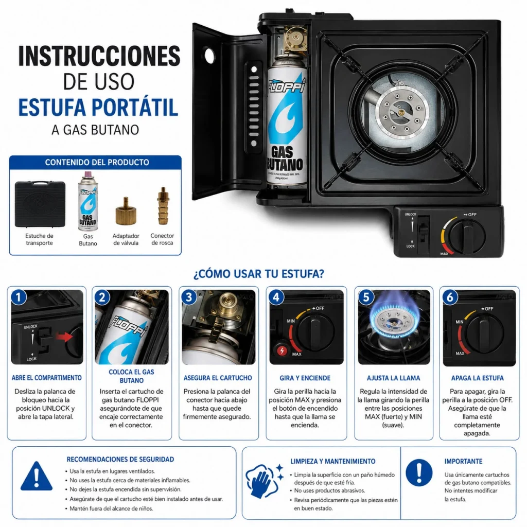 Estufa Portatil Fogon Camping + Accesorios + 4 Gas Butano