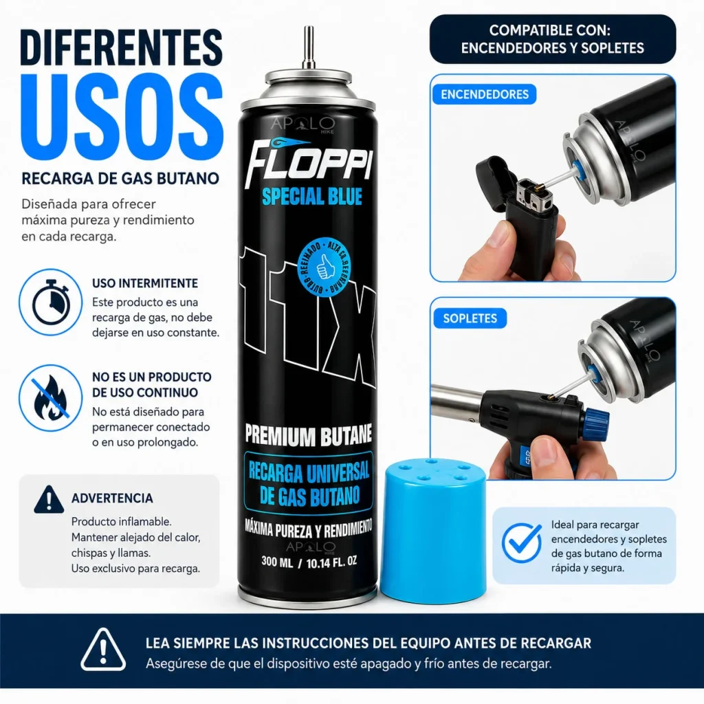 Recarga Gas Butano Tanque 300 Ml Soplete Encendedor + Adaptador