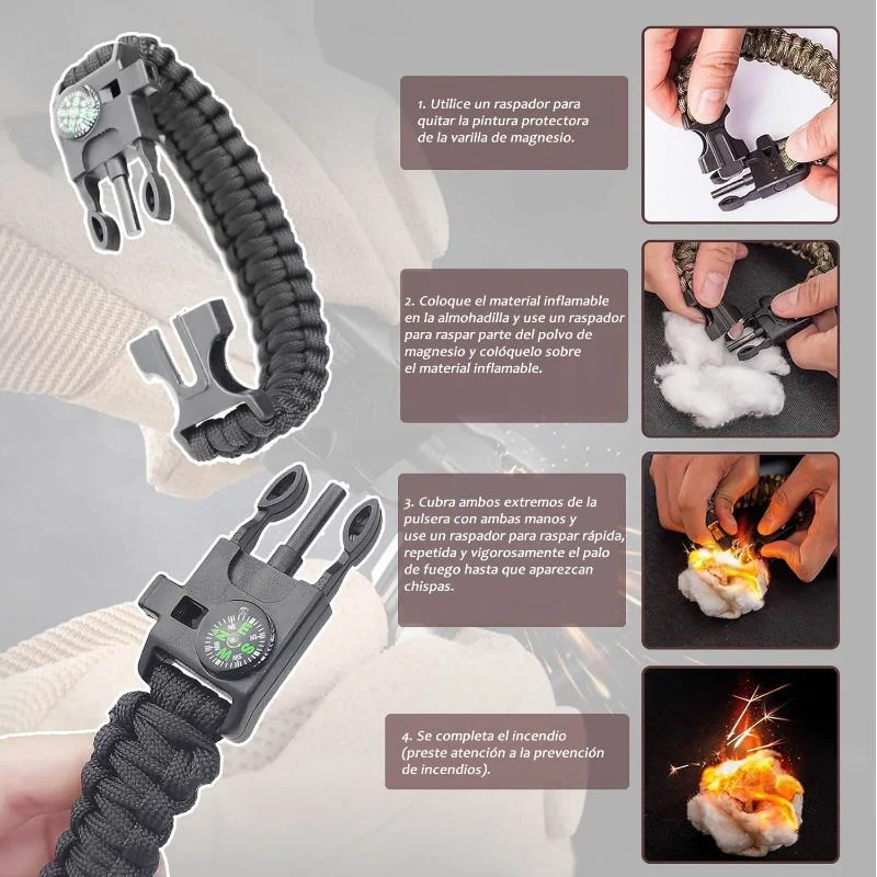 Manilla Supervivencia 5 en 1 Pulsera Tactica Brújula Pedernal