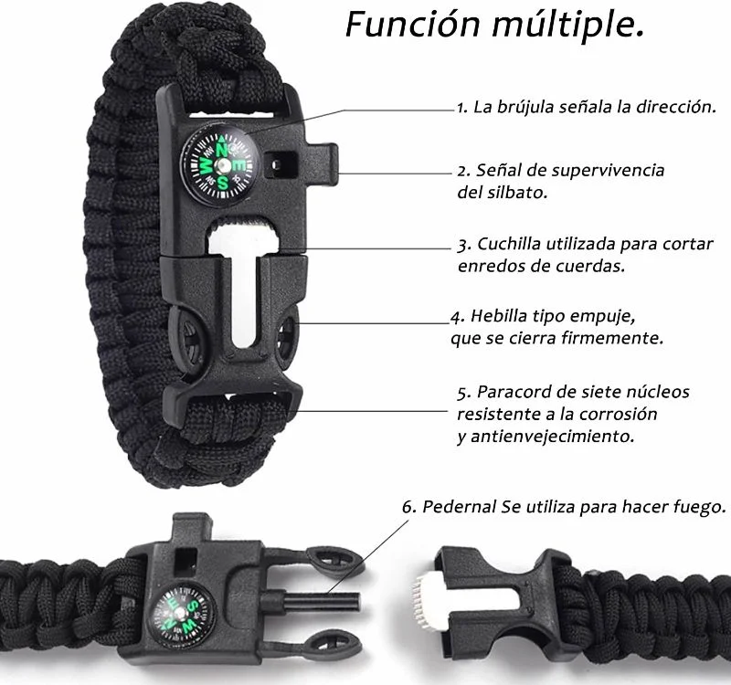 Manilla Supervivencia 5 en 1 Pulsera Tactica Brújula Pedernal