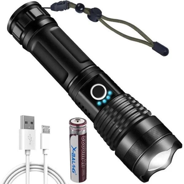 Linterna Táctica LED Recargable 15000 Lúmenes Zoom + Bateria