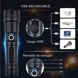 Linterna Táctica LED Recargable 15000 Lúmenes Zoom + Bateria