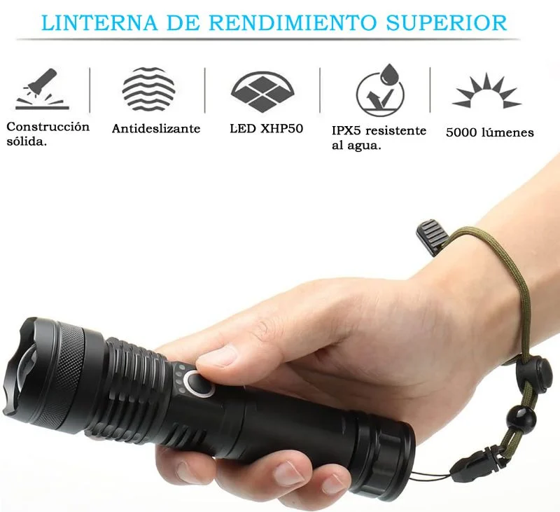 Linterna Táctica LED Recargable 15000 Lúmenes Zoom + Bateria