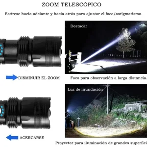 Linterna Táctica LED Recargable 15000 Lúmenes Zoom + Bateria