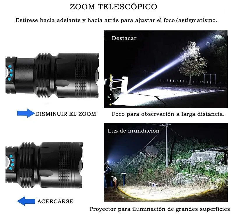 Linterna Táctica LED Recargable 15000 Lúmenes Zoom + Bateria