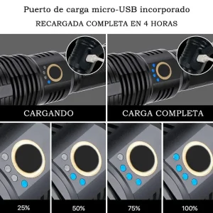 Linterna Táctica LED Recargable 15000 Lúmenes Zoom + Bateria