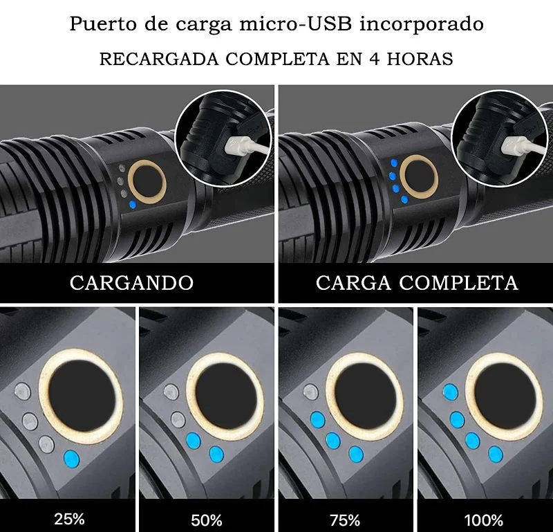 Linterna Táctica LED Recargable 15000 Lúmenes Zoom + Bateria