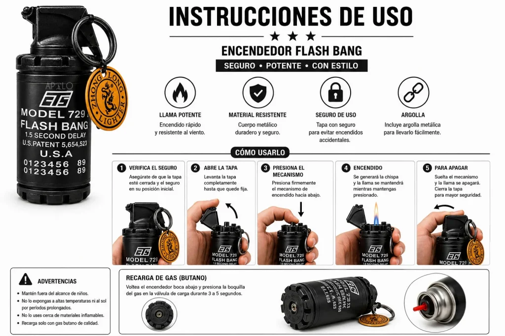 Encendedor Llavero Tipo Granada Recargable Táctico Metálico