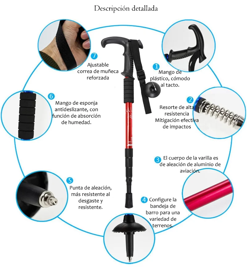 Bastón Trekking Telescópico Plegable Aleación Aluminio Ligero