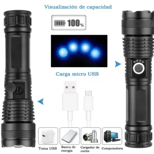 Linterna Recargable Luz Led Alta Potencia 5 Modos Zoom + Bateria