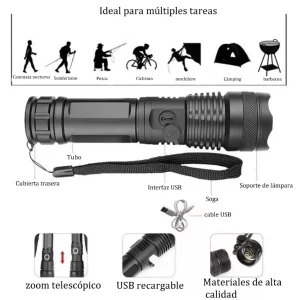 Linterna Recargable Luz Led Alta Potencia 5 Modos Zoom + Bateria