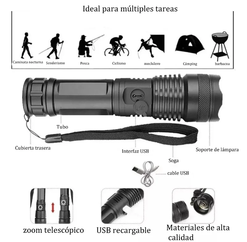 Linterna Recargable Luz Led Alta Potencia 5 Modos Zoom + Bateria