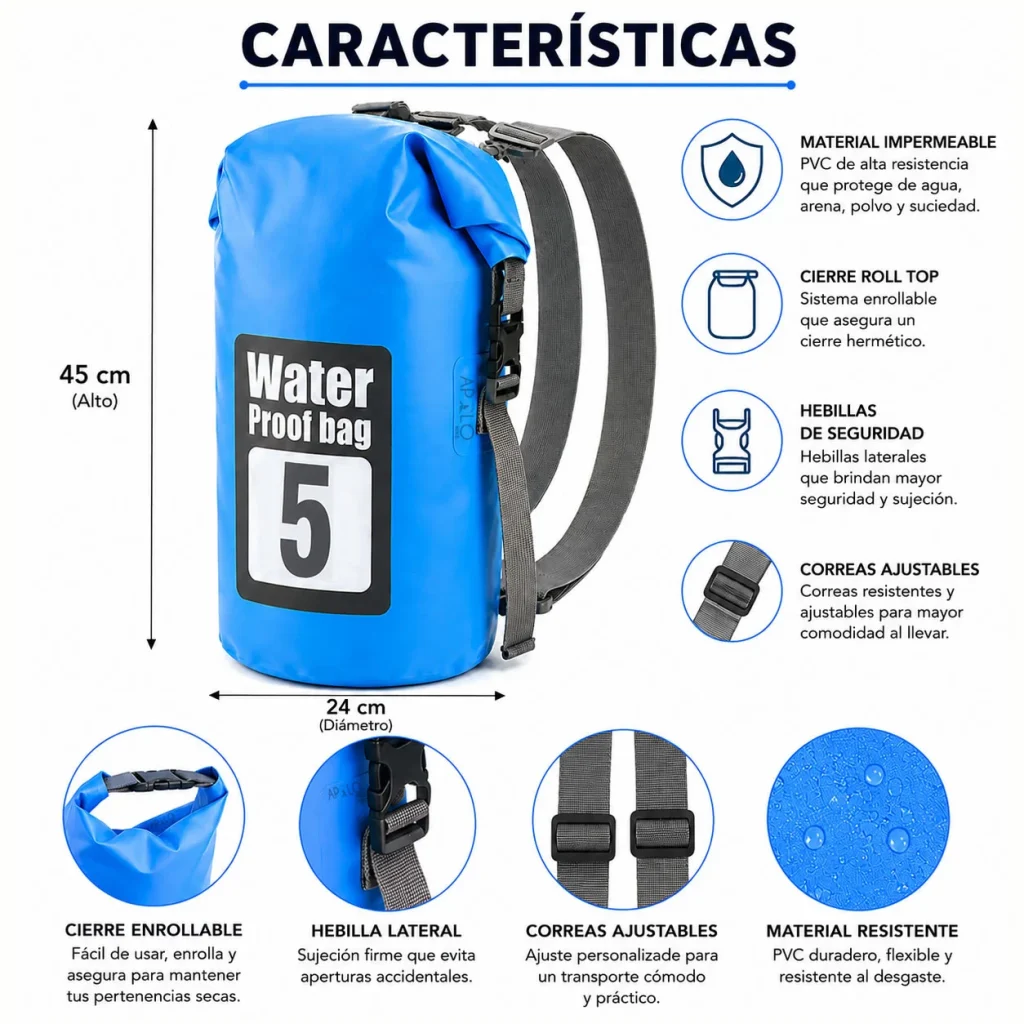Bolsa Seca Impermeable 5L Mochila Bolso Doble Correa Tula