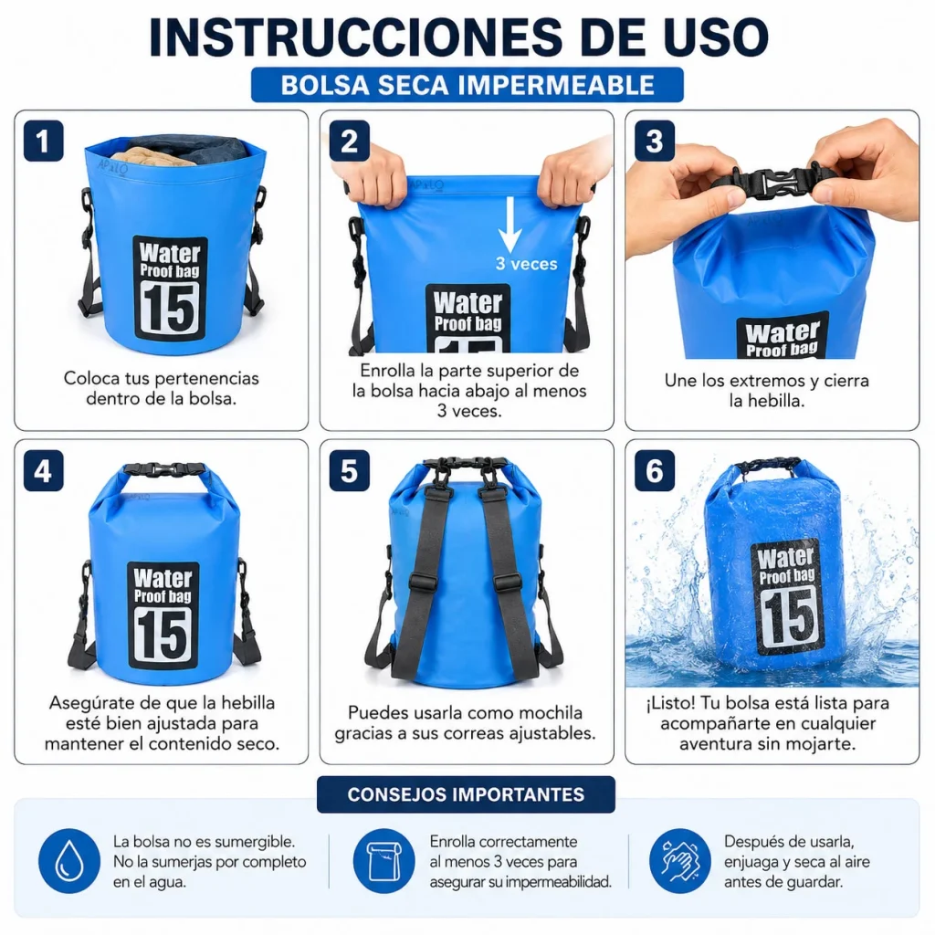 Bolsa Seca Impermeable 15L Mochila Bolso Doble Correa Tula
