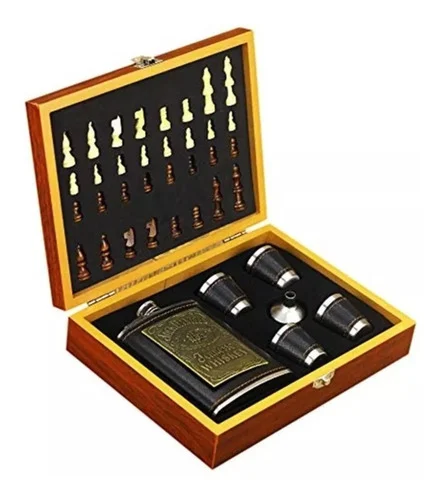 Set Licorera Wiskera 8 Oz Acero Inoxidable Con Ajedrez Y Copas