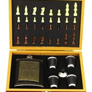 Set Licorera Wiskera 8 Oz Acero Inoxidable Con Ajedrez Y Copas