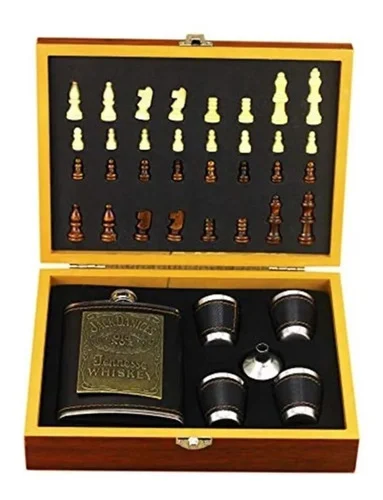 Set Licorera Wiskera 8 Oz Acero Inoxidable Con Ajedrez Y Copas