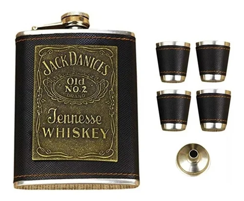 Set Licorera Wiskera 8 Oz Acero Inoxidable Con Ajedrez Y Copas