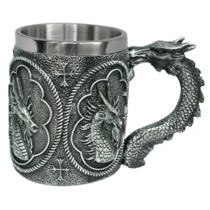 Vaso Taza Mug Decorativo Dragon Guerrero Acero Coleccionable
