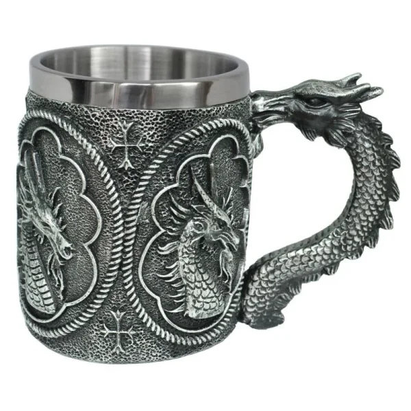 Vaso Taza Mug Decorativo Dragon Guerrero Acero Coleccionable