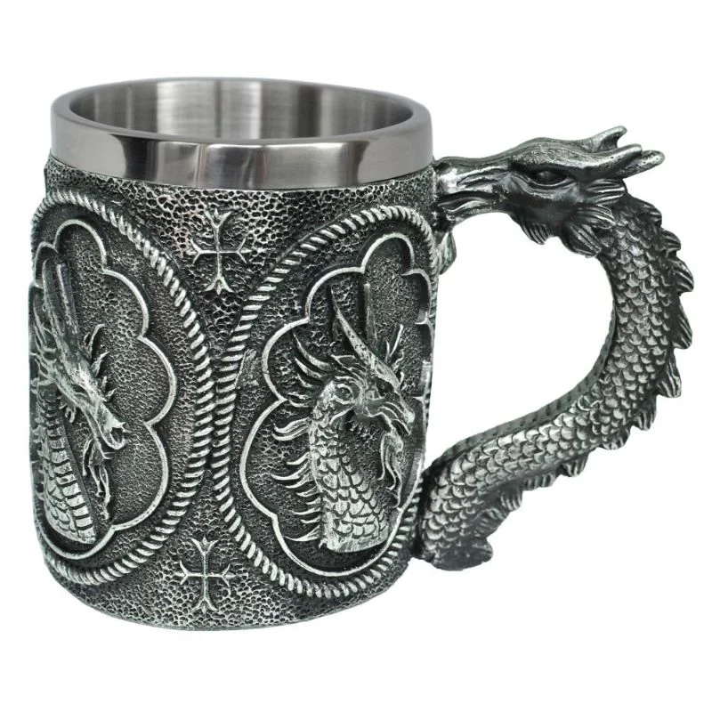 Vaso Taza Mug Decorativo Dragon Guerrero Acero Coleccionable