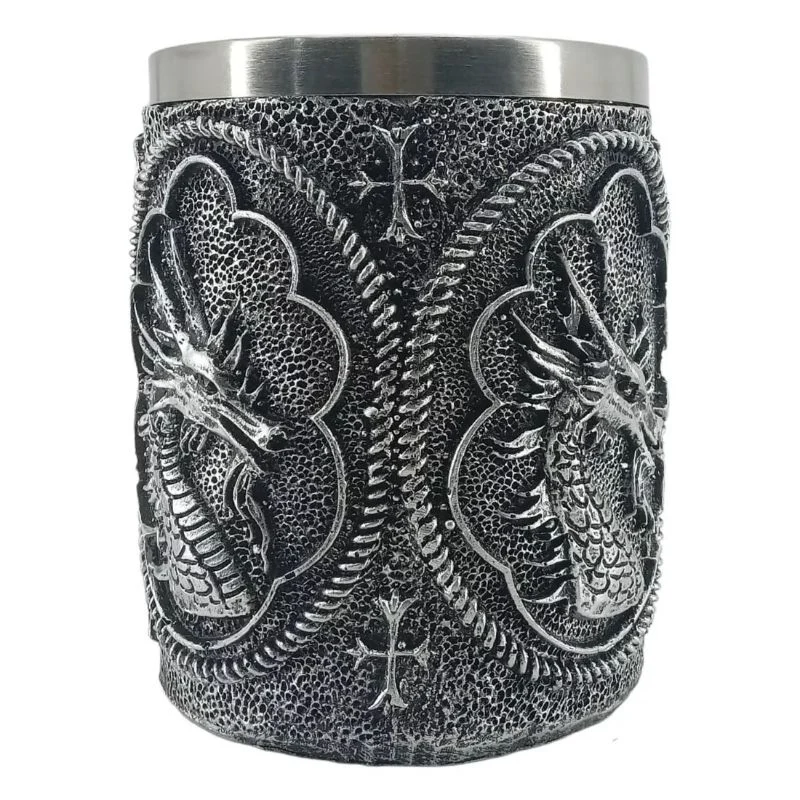 Vaso Taza Mug Decorativo Dragon Guerrero Acero Coleccionable