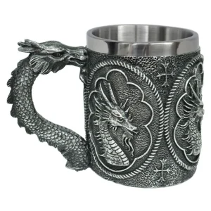 Vaso Taza Mug Decorativo Dragon Guerrero Acero Coleccionable