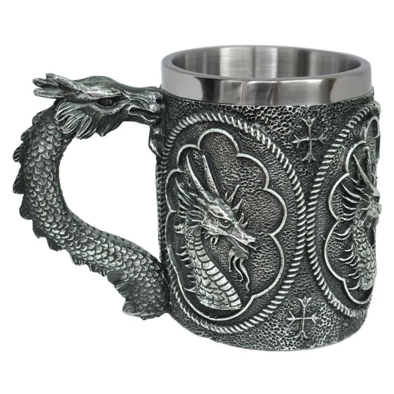 Vaso Taza Mug Decorativo Dragon Guerrero Acero Coleccionable
