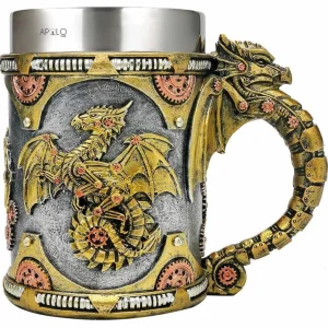 Vaso Taza Mug Dragon Dorado Steampunk Acero Coleccionable